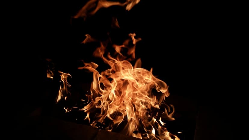 Orange and yellow flames flicker upward with wisps of smoke against a solid black backdrop in sharp detail.