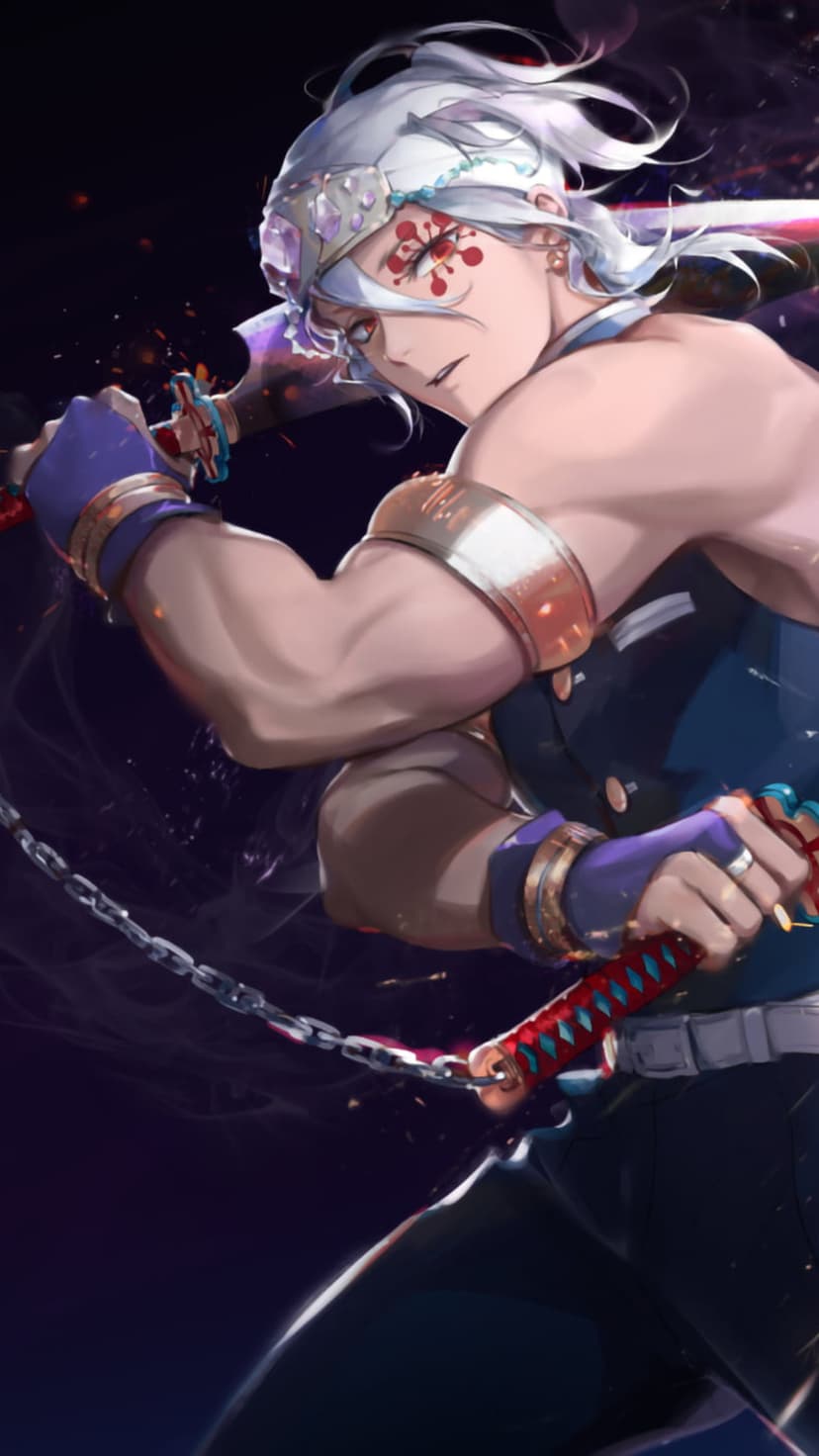 Tengen Uzui grips chained Nichirin blades against a dark, spark-filled background in a combat-ready pose.