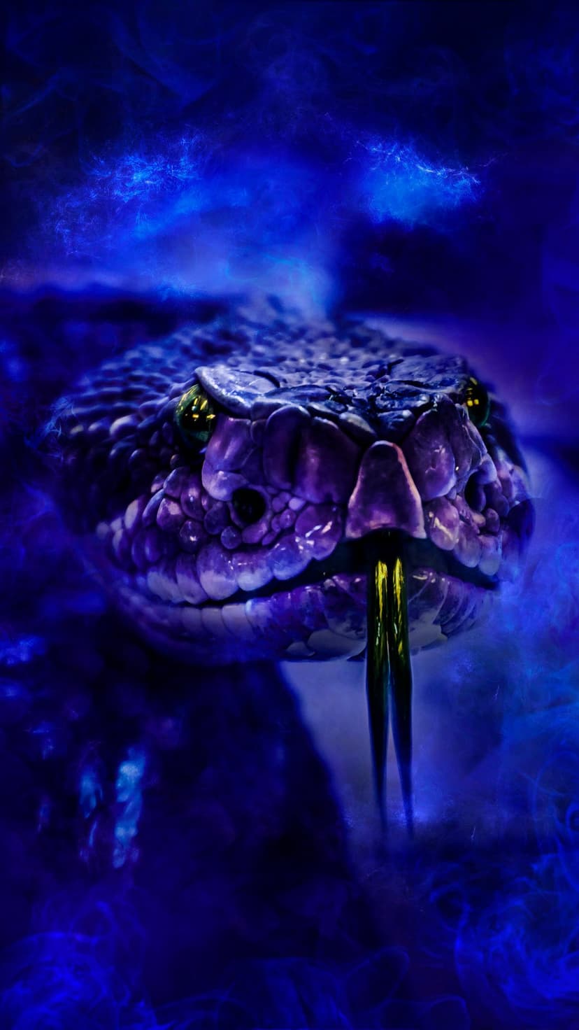 Snake head with glowing yellow eyes and a forked tongue surrounded by thick swirling blue smoke in the dark.