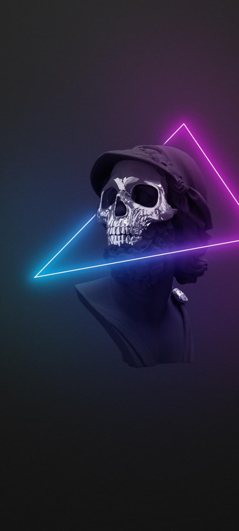 Metallic skull wearing a cap rests on a pedestal inside glowing pink and blue neon triangles on a dark backdrop.