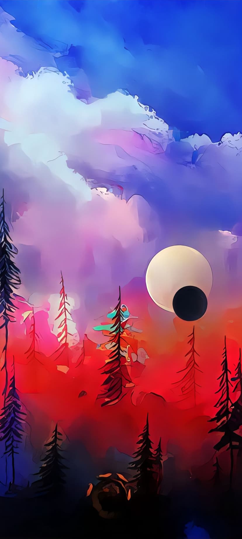 Pine tree silhouettes stand against a fiery red and purple sky featuring a large, dark lunar eclipse.