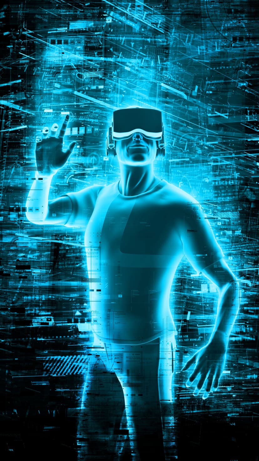 Man wearing a VR headset touches glowing blue digital light circuits in a dark futuristic cyber environment.
