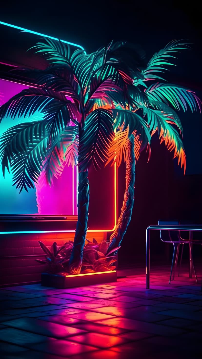 Neon palm trees glowing in pink and cyan hues against a dark retro-futuristic skyline on a vertical phone screen.