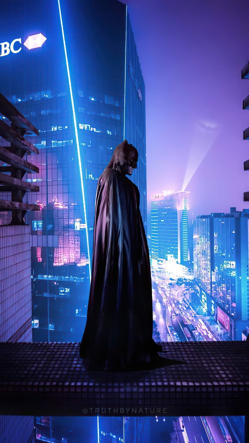 Batman stands on a rooftop overlooking a glowing neon cityscape with blue and purple skyscraper lights at night.