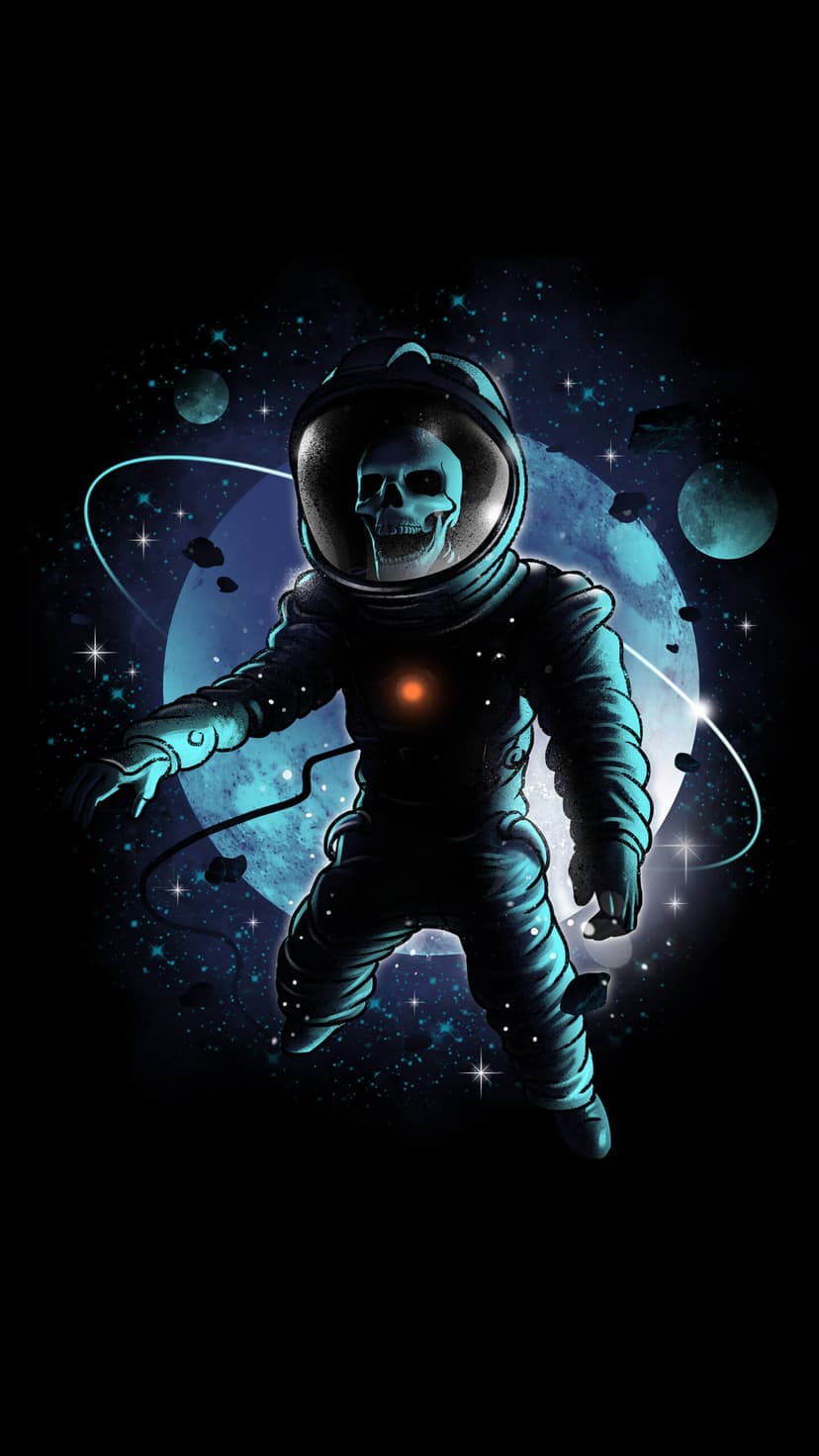 Skeleton astronaut with a glowing skull floats in space against a large moon and a dense field of distant stars.
