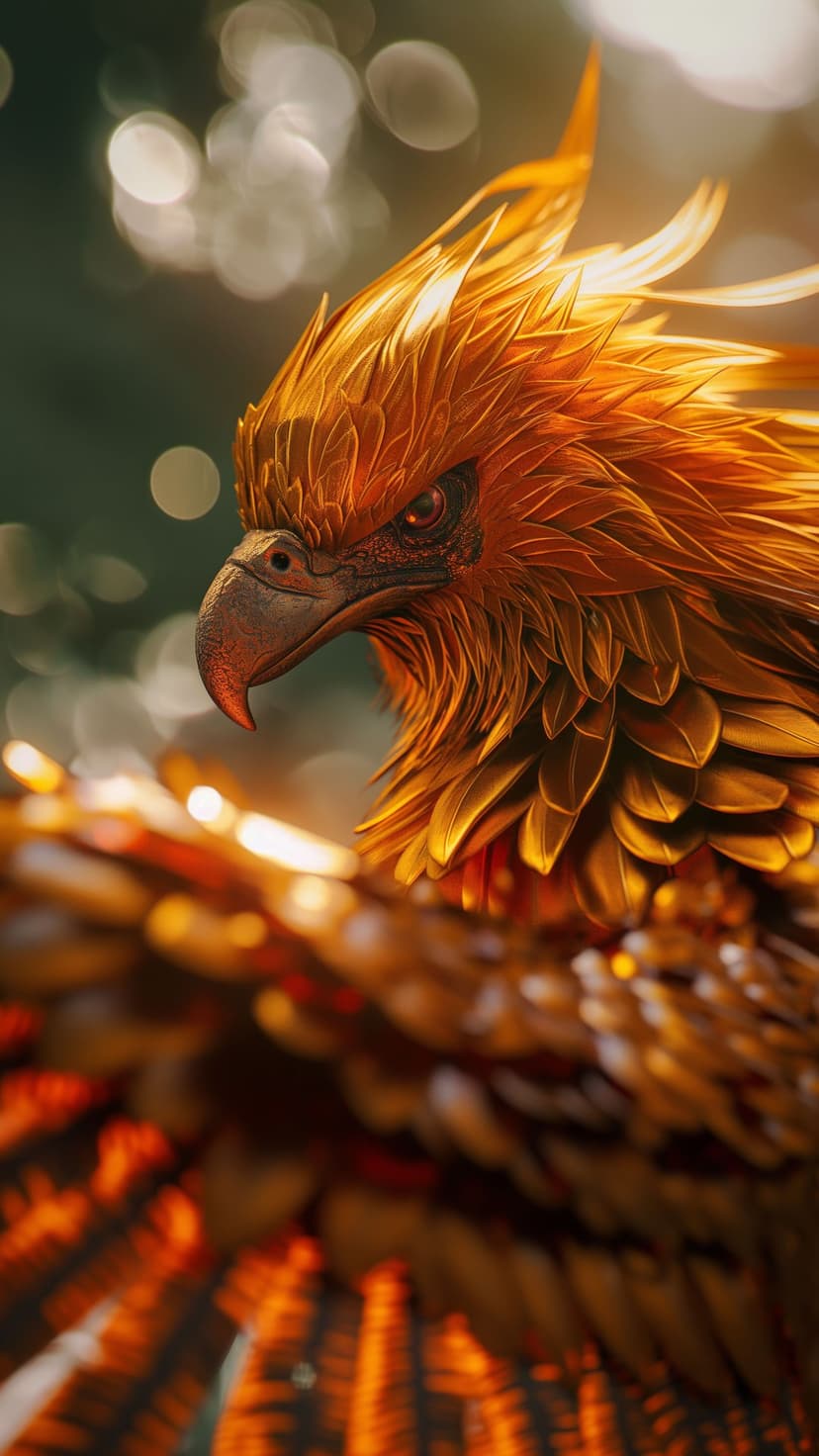 Majestic phoenix with glowing orange feathers, a sharp hooked beak, and intense red eye against soft bokeh light.