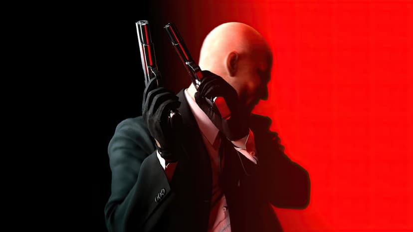 Agent 47 in a black suit holding dual silver pistols against a split black and red background in profile.