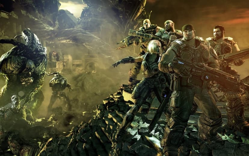 Marcus Fenix and Delta Squad battle creatures in a ruined cityscape with green atmospheric haze.