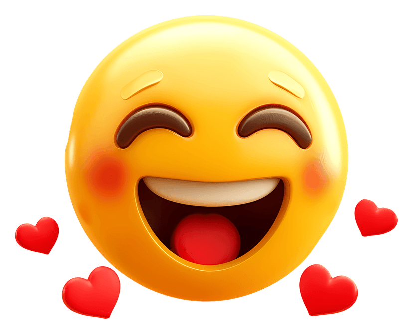 Laughing emoji face with red hearts floating around a yellow sphere featuring closed eyes and open mouth.