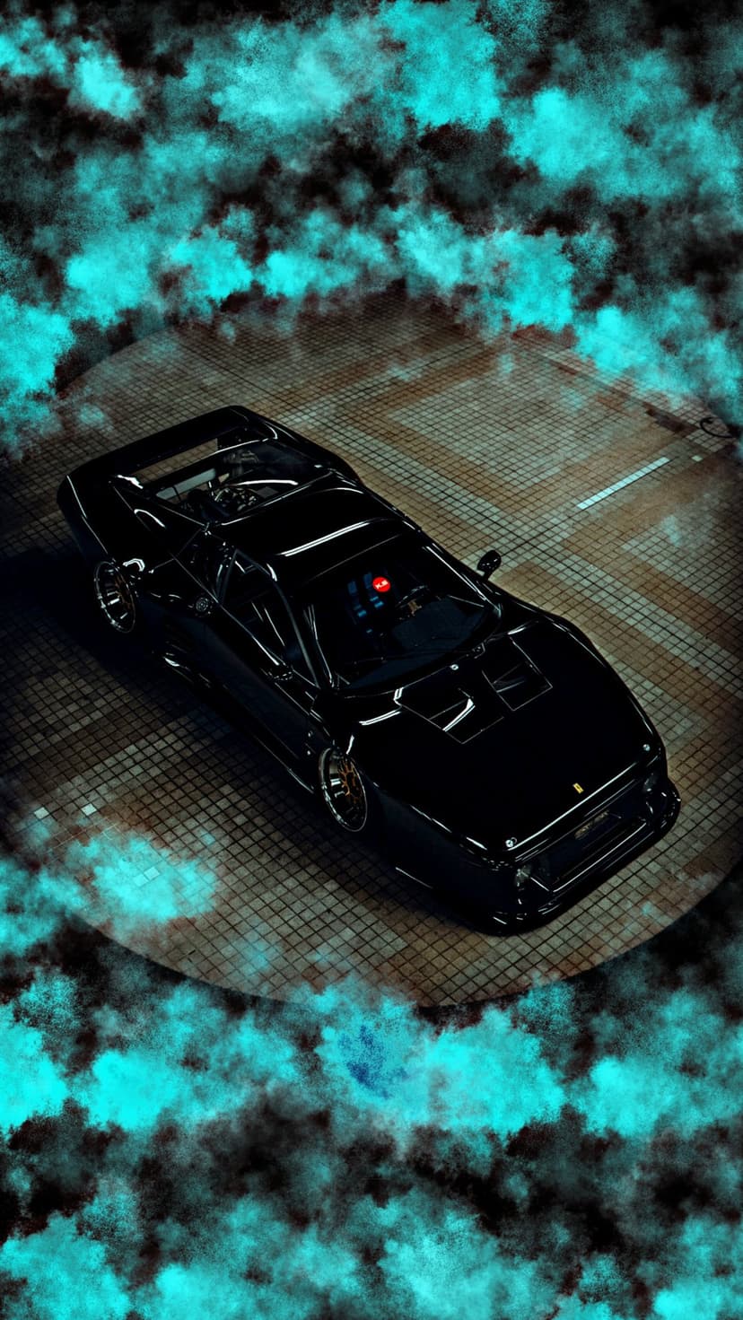 Black exotic car on a circular platform surrounded by thick turquoise smoke clouds under dramatic top lighting.
