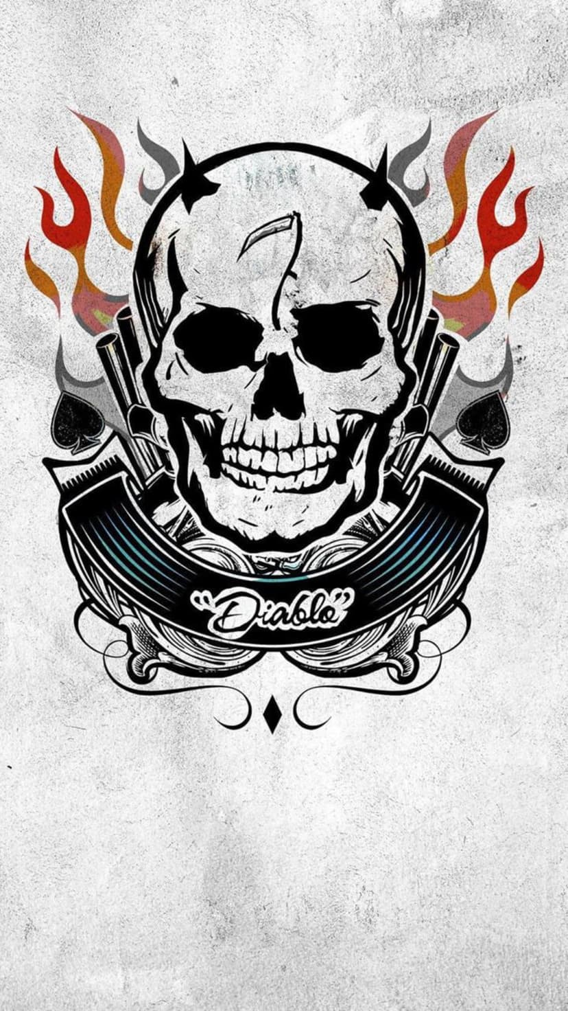 Menacing horned skull with crossed pistols and orange flames behind a banner reading Diablo on a dark backdrop.