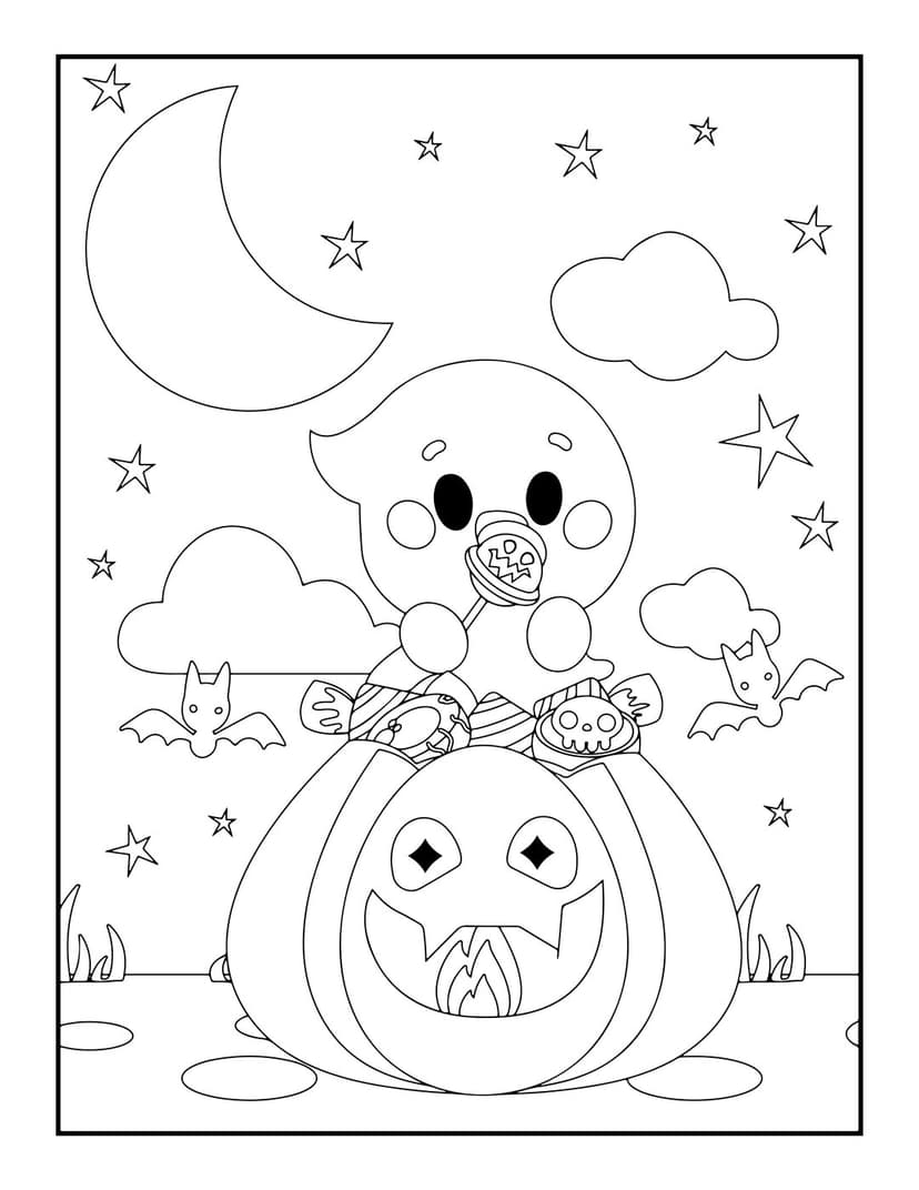 Halloween ghost and pumpkin coloring page featuring bats, stars, and candy in a black line art vector style.