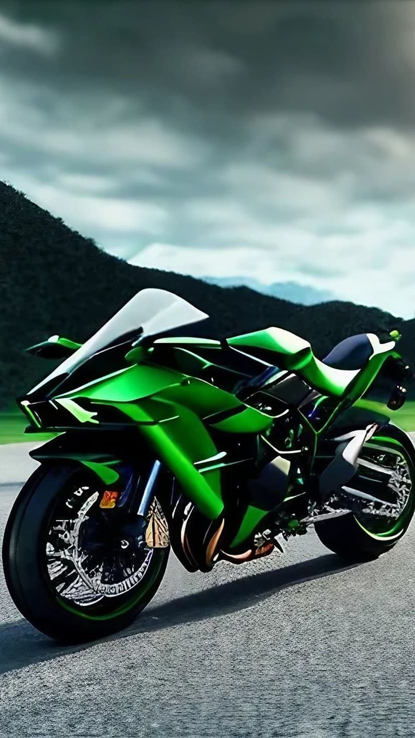 Green sportbike parked on a mountain road under a dark cloudy sky with sharp mechanical details visible.