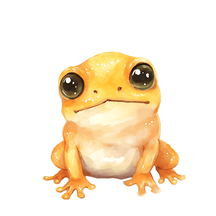 Orange watercolor frog illustration with large green eyes and white skin spots sitting in a front-facing pose.