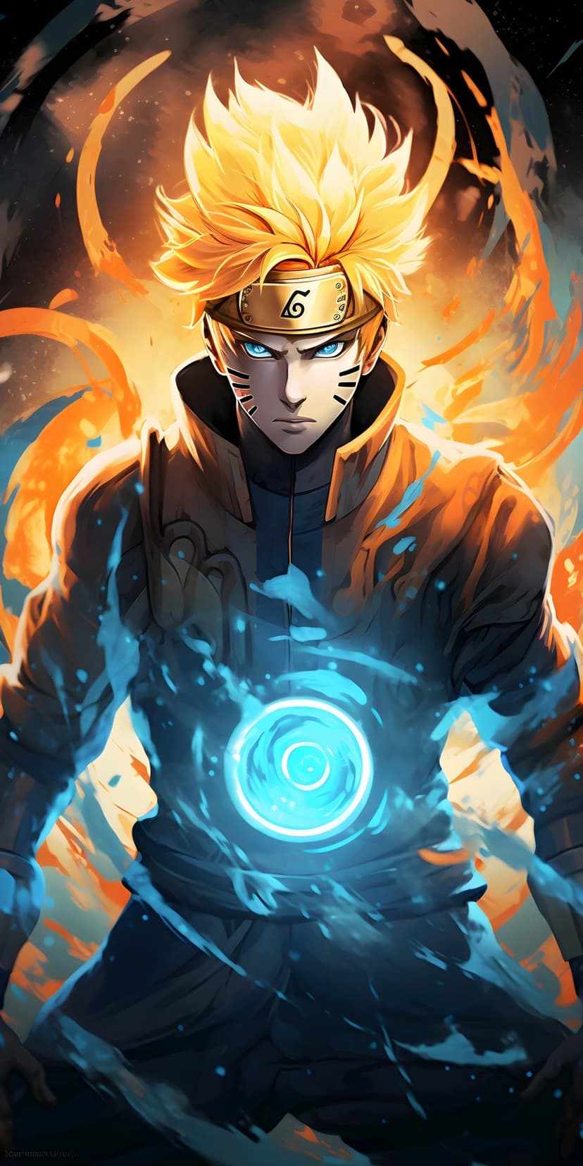 Naruto Uzumaki in Sage Mode with glowing blue energy and orange flames surrounding his orange jacket and hair.