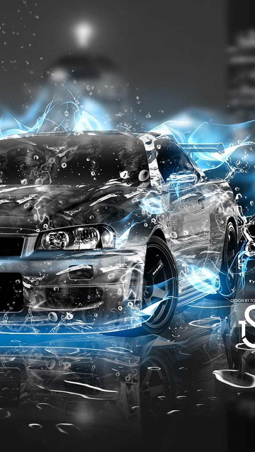 Blue neon sports car speeding through water splashes with glowing energy trails and metallic reflections.