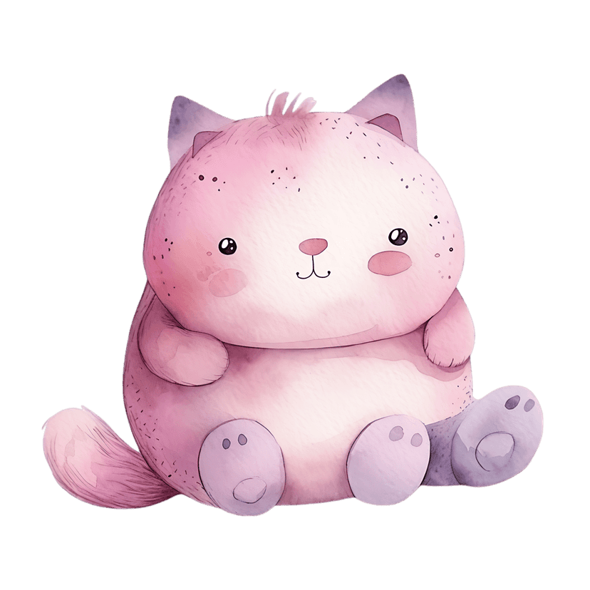 Pink cat plush toy watercolor illustration features soft pigment textures and round feline character details.