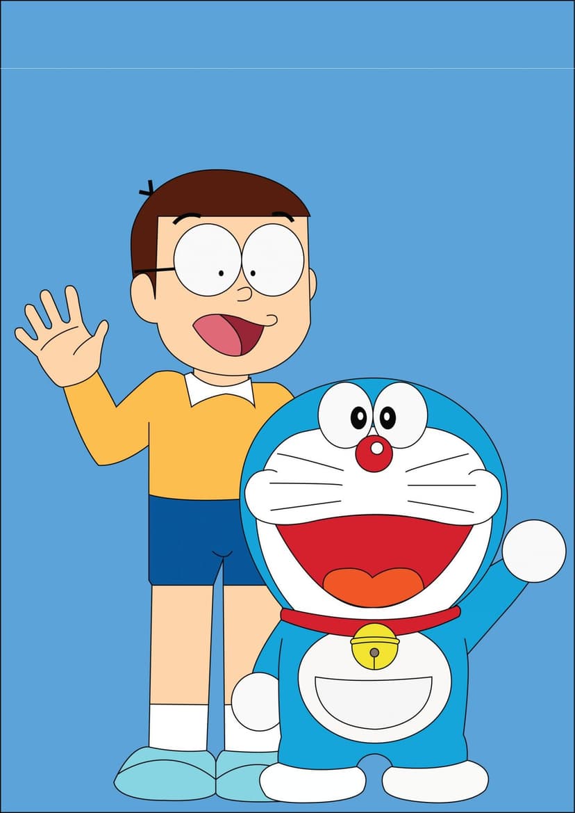 Doraemon and Nobita Nobi wave happily while standing against a solid blue background in this vertical portrait.