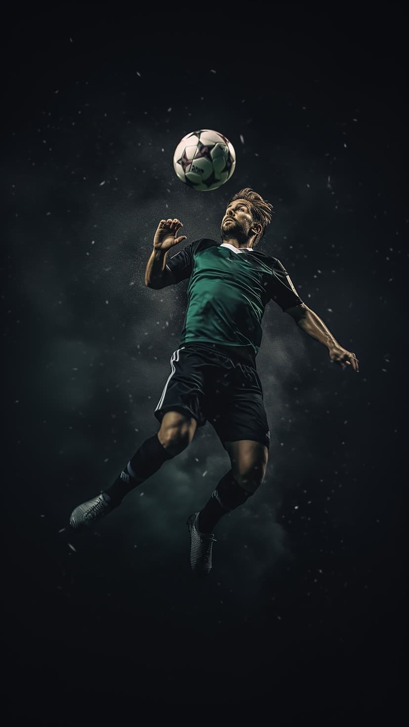 Male soccer player jumping to head a ball against a misty dark background with glowing light particles.