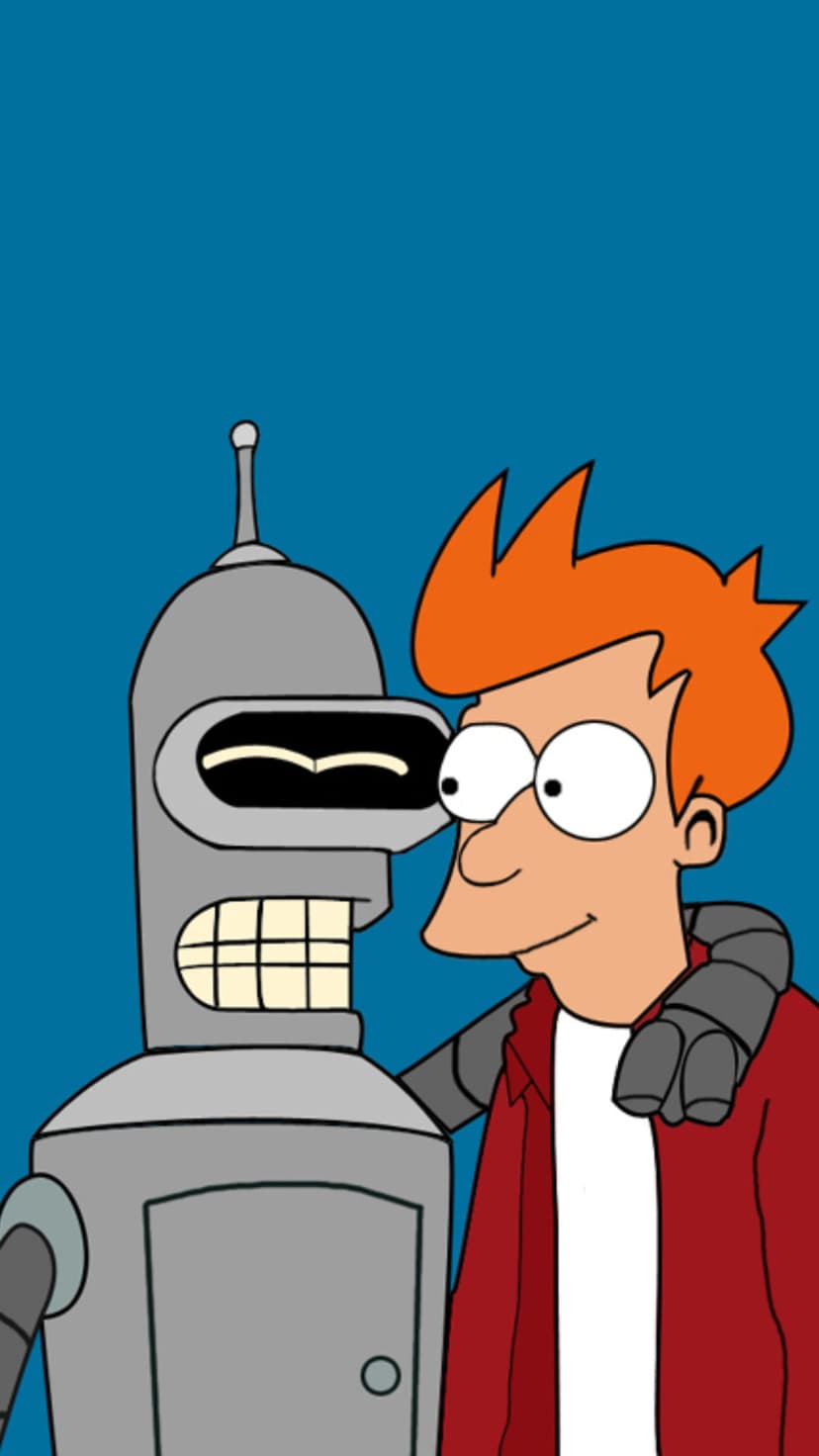 Philip Fry embraces Bender the robot against a solid blue backdrop, providing a clean vertical mobile background.