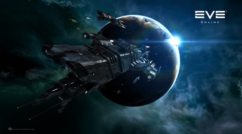 Large grey industrial spaceship flying near a shadowed planet with a bright sun flare and smaller ships.
