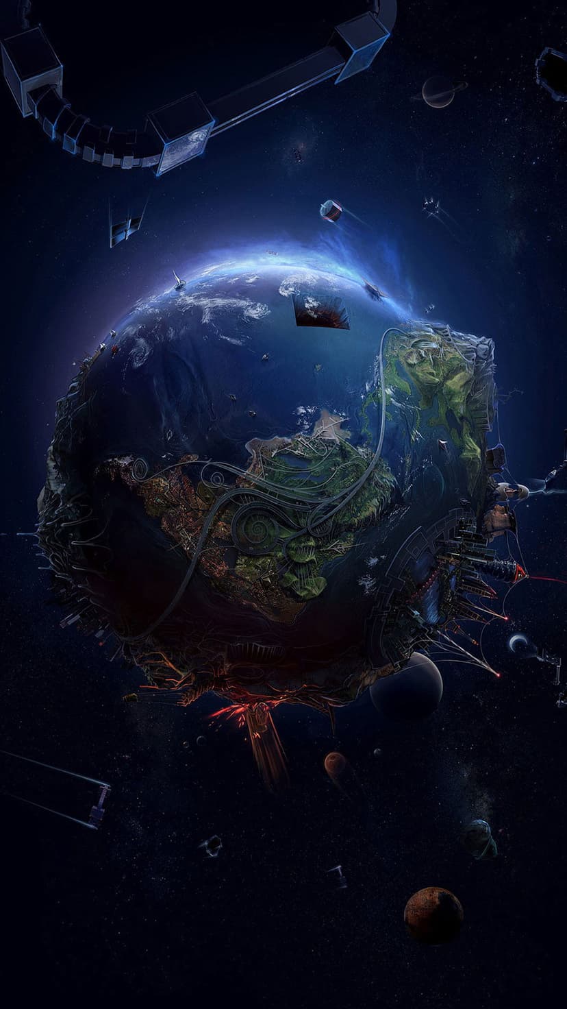 Alien Earth with mechanical surface features orbits below a segmented space station in deep star-filled space.