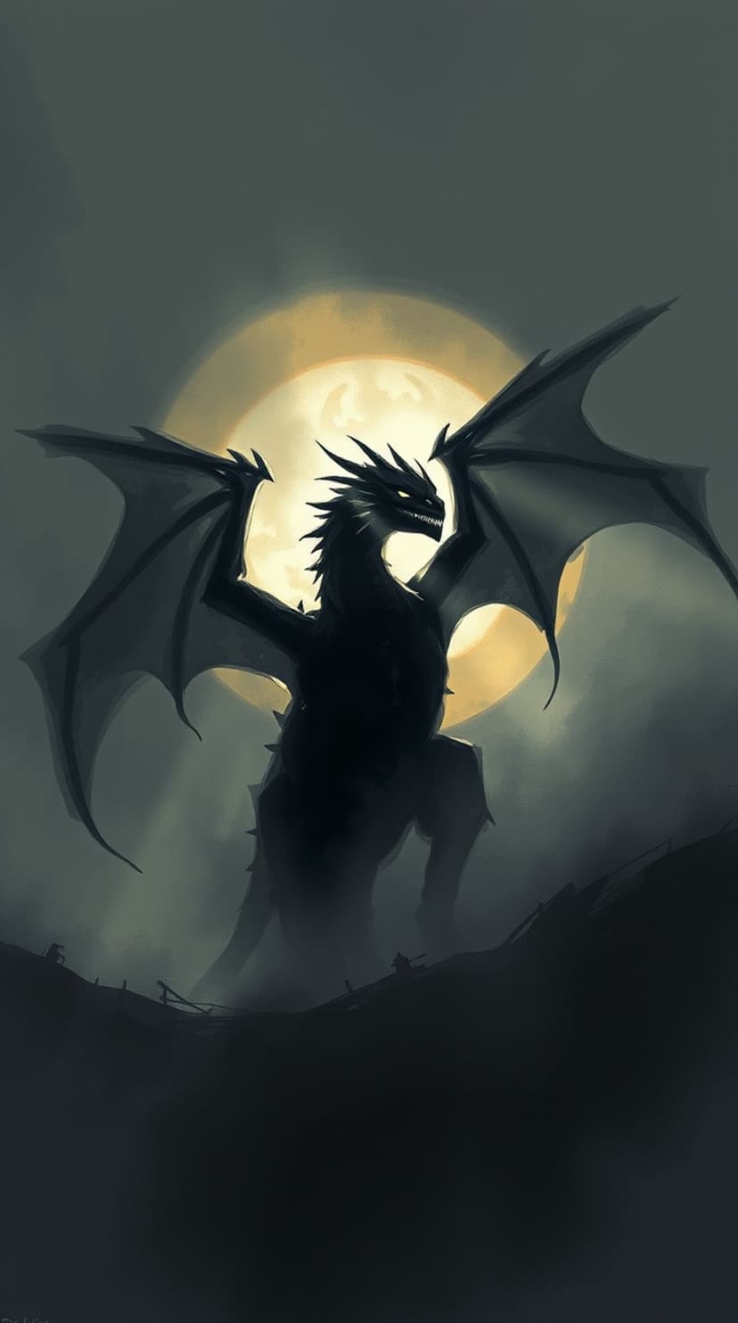 Black dragon with spread wings stands on misty ground against a large white full moon in a dark night sky.