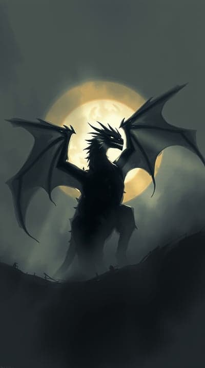 Dark Dragon Silhouette Against Glowing Moon Phone Wallpaper