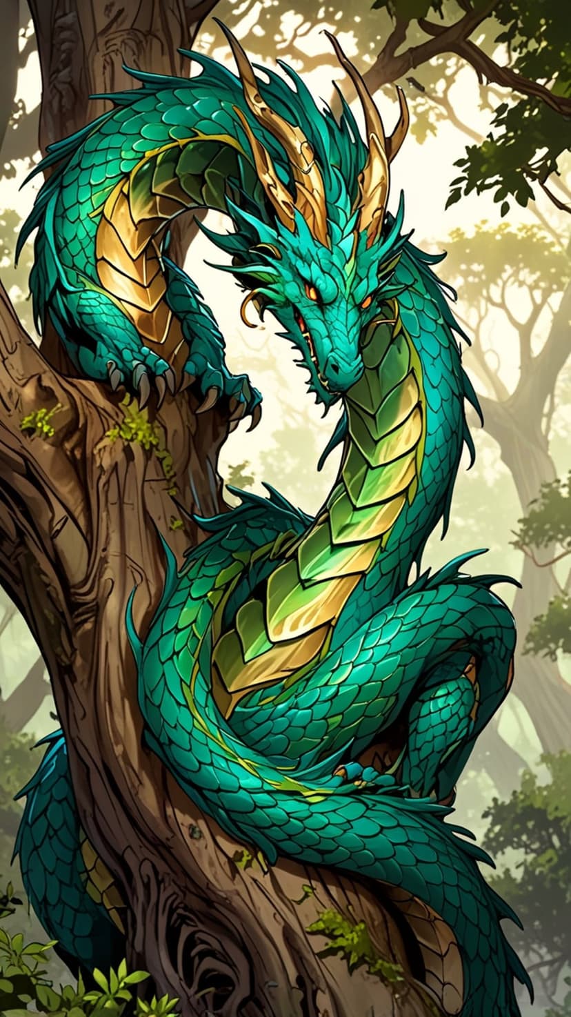 Emerald dragon with gold horns entwined around a mossy tree trunk amidst sunbeams in a lush, green forest setting.