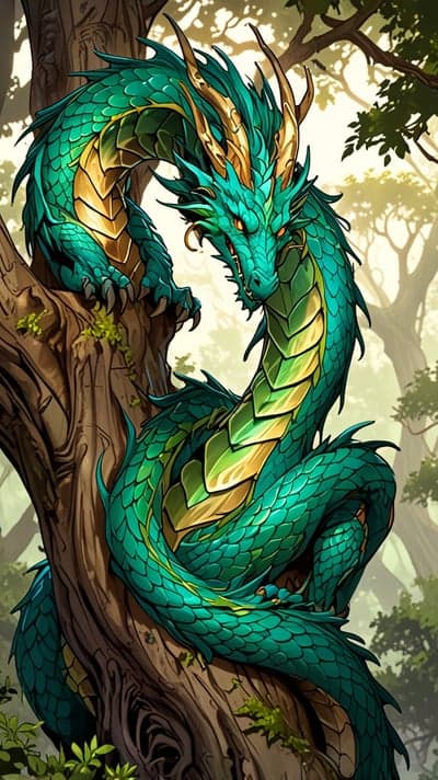 Majestic green dragon entwined around a tree in a forest