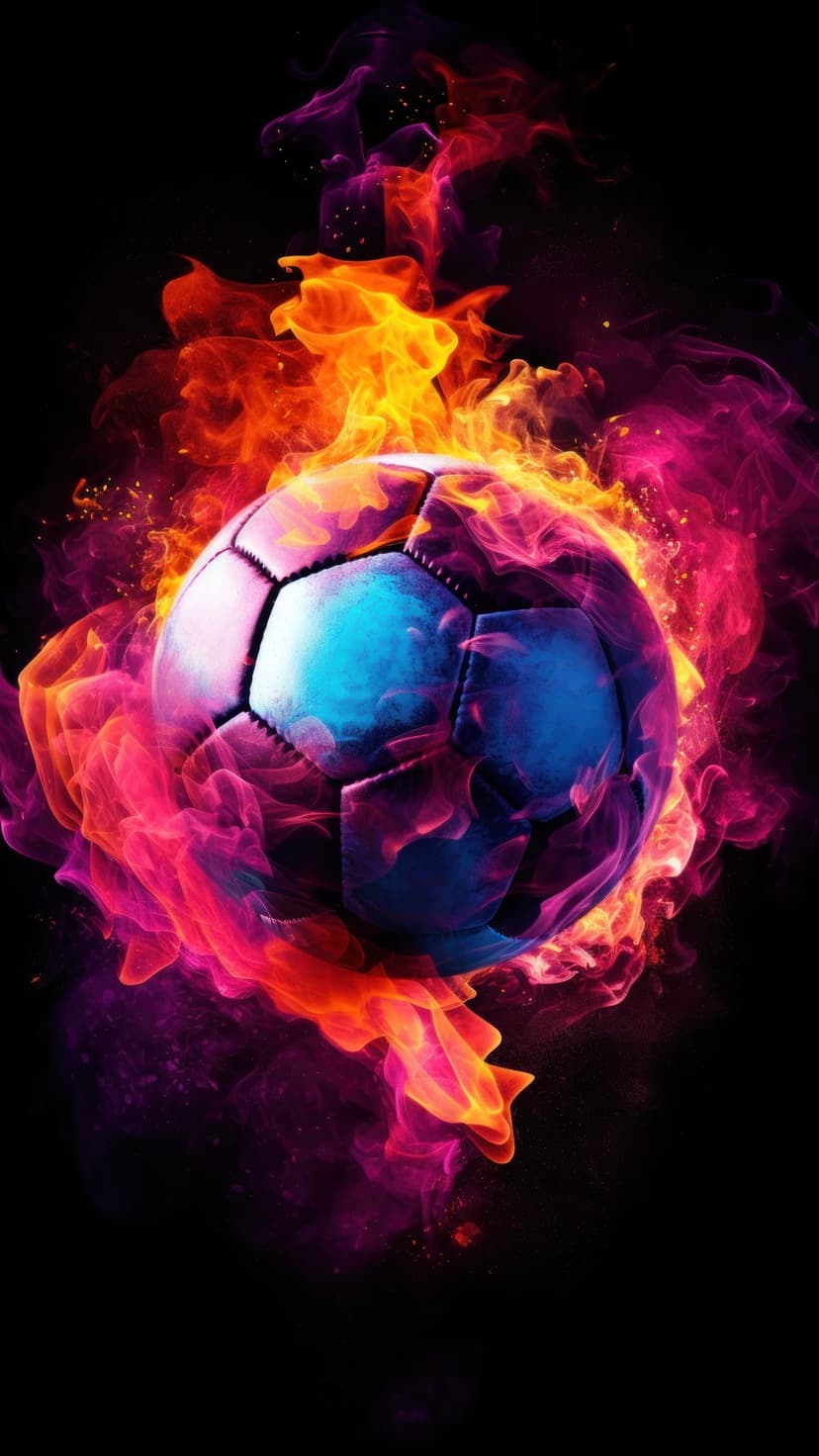 Soccer ball engulfed in electric blue and vibrant pink flames with glowing sparks against a dark background.