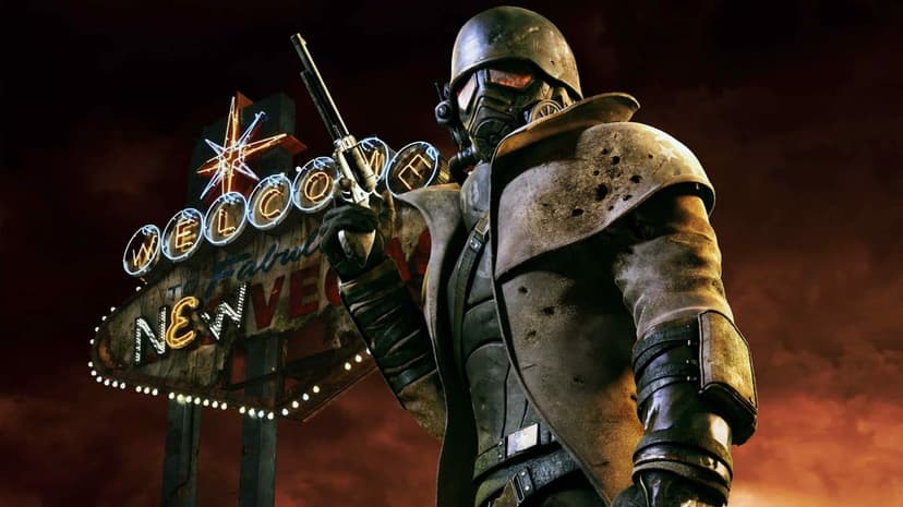 NCR Veteran Ranger in duster and gas mask holding a revolver before the glowing New Vegas sign at sunset.