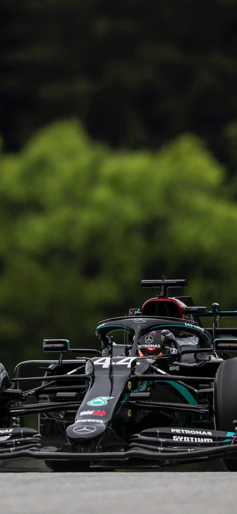Lewis Hamilton drives a silver Mercedes F1 car with number 44 past blurred green trees on a racing circuit.