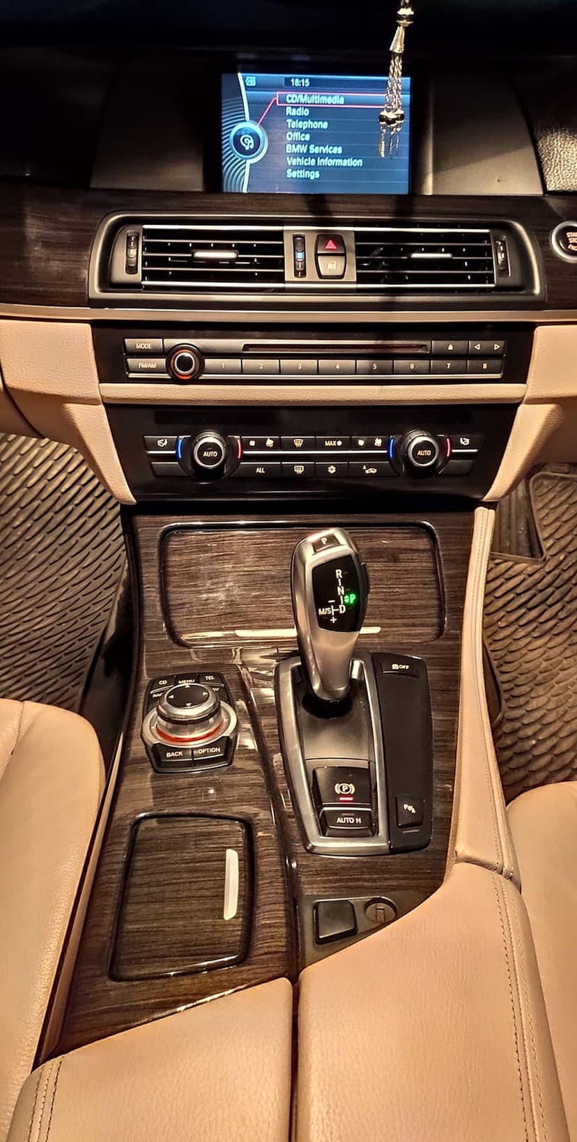 Modern car cockpit showcasing a gear shifter, wood paneling, and tan leather upholstery in a vertical view.