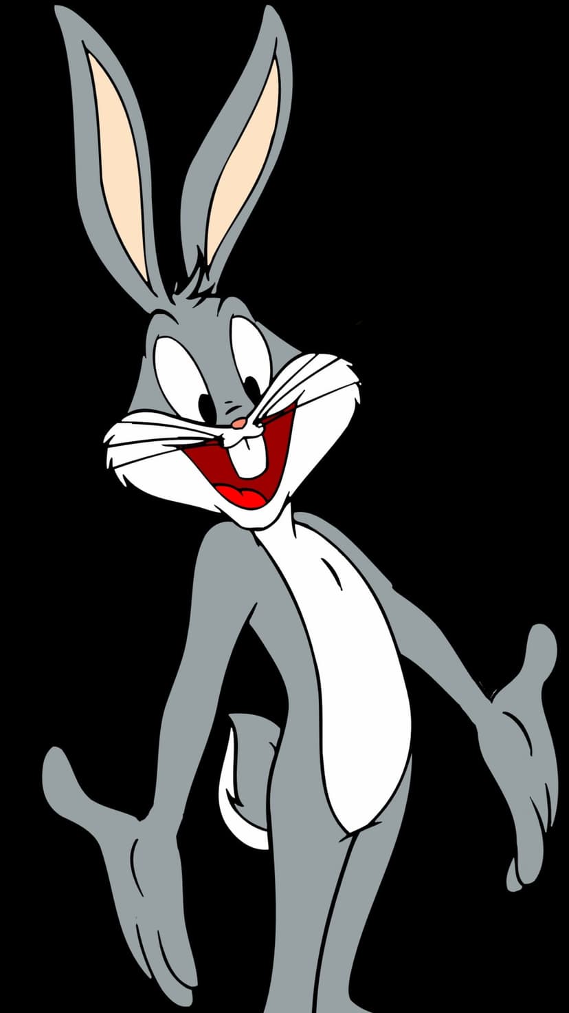 Bugs Bunny winks with one eye and smiles broadly, revealing his teeth and tongue in a classic animated pose.