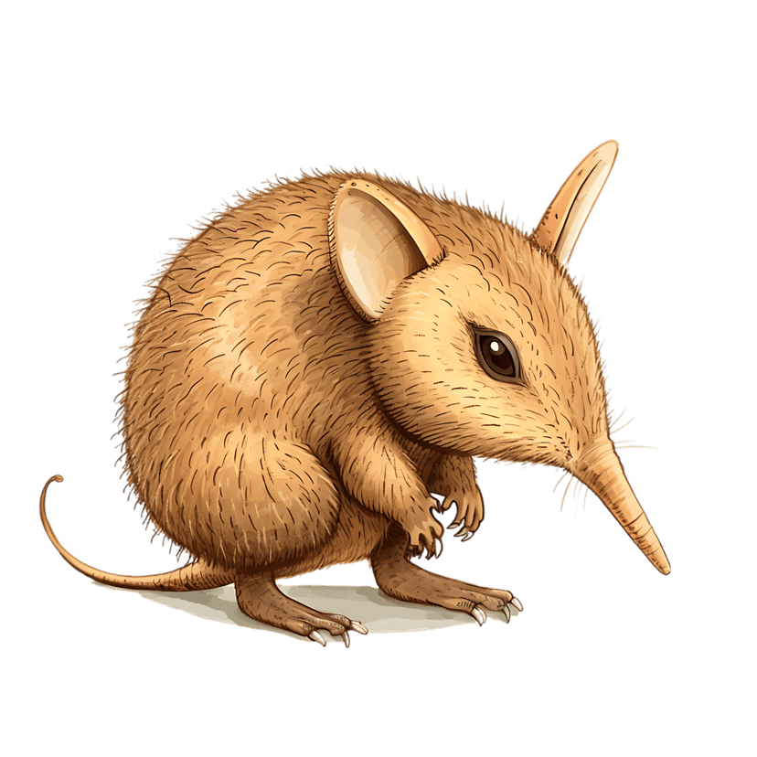 Long-nosed bandicoot illustration featuring a crouched marsupial with textured brown fur on a black background.