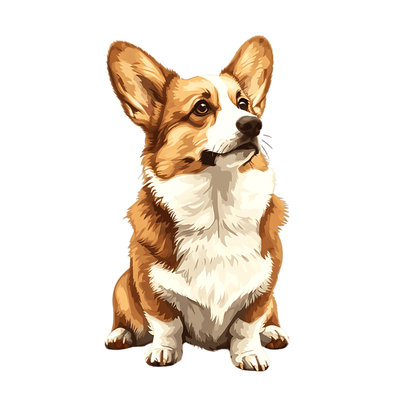 Pembroke Welsh Corgi digital portrait showing a fluffy orange and white dog sitting against a black background.