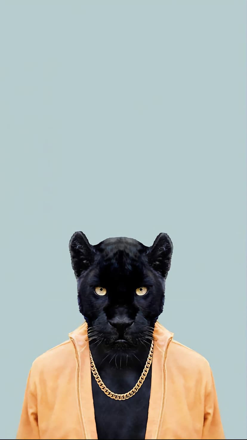 Black panther wearing a bright orange jacket and thick gold chain against a light blue background with yellow eyes.