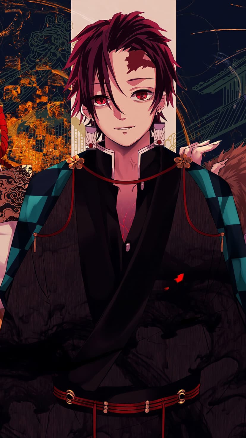 Tanjiro Kamado with glowing red eyes, a forehead scar, and a dark smoky aura wearing a teal checkered haori.