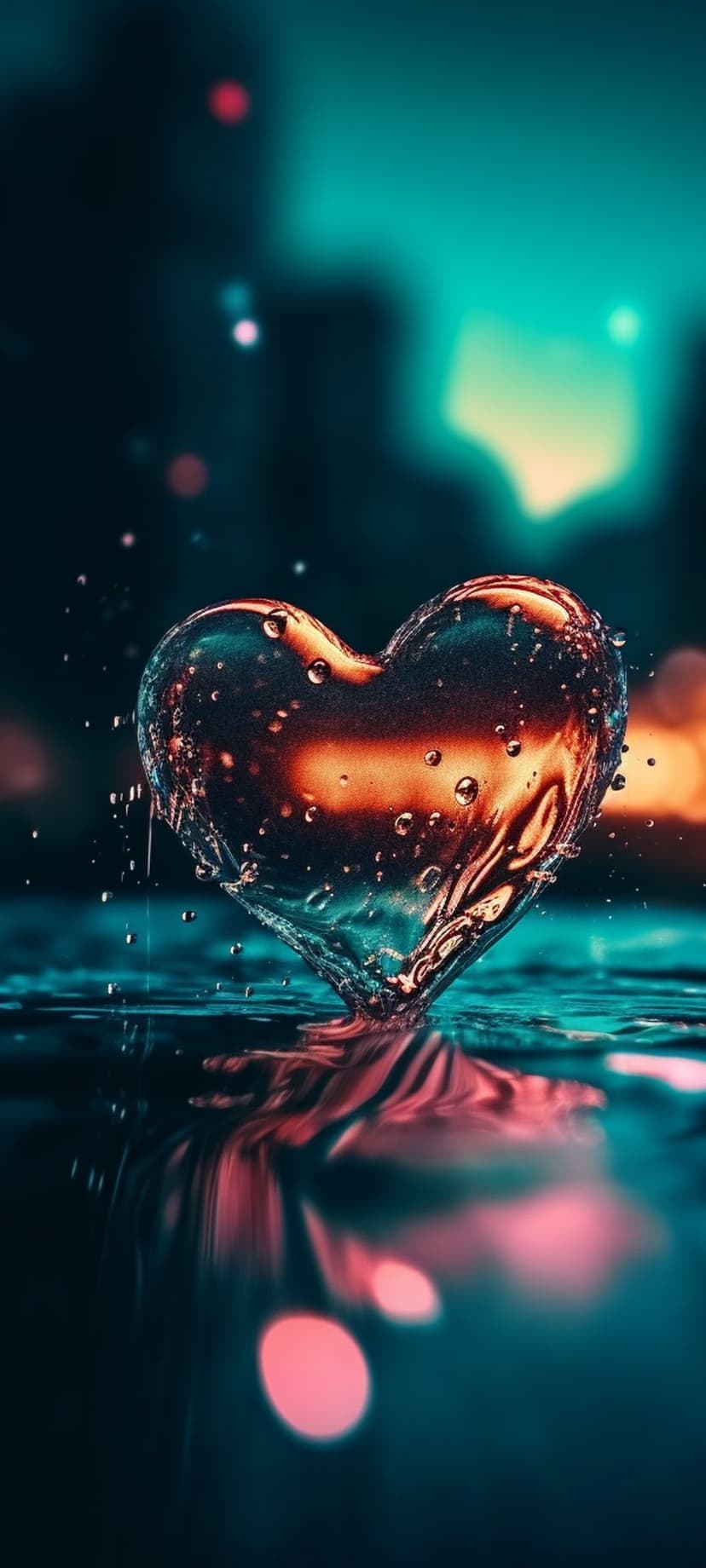 Translucent heart filled with water droplets glowing orange in dark teal ripples with pink bokeh lights.