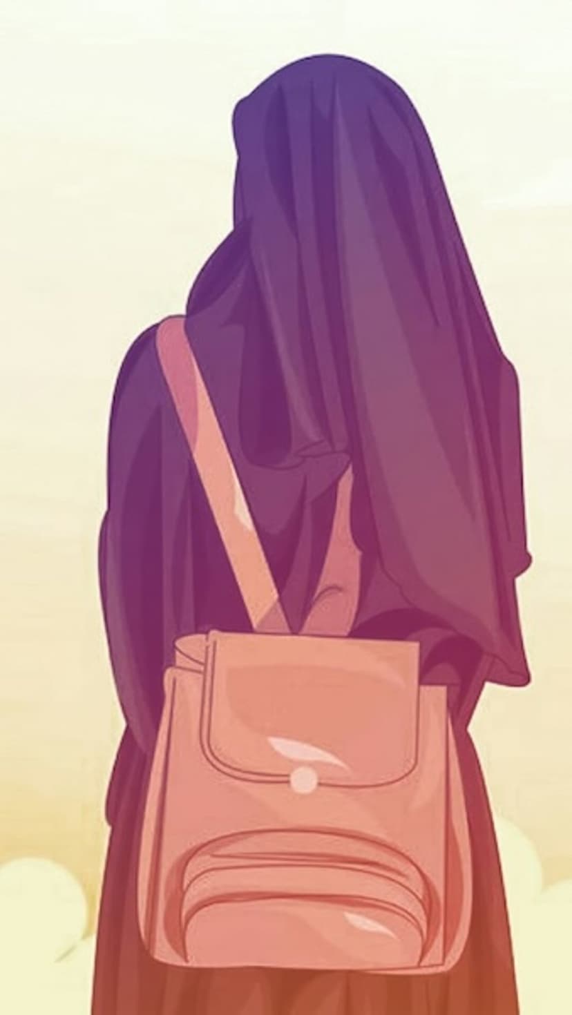 Woman from behind wearing a purple hijab and pink backpack against a soft gradient of pink and blue clouds.