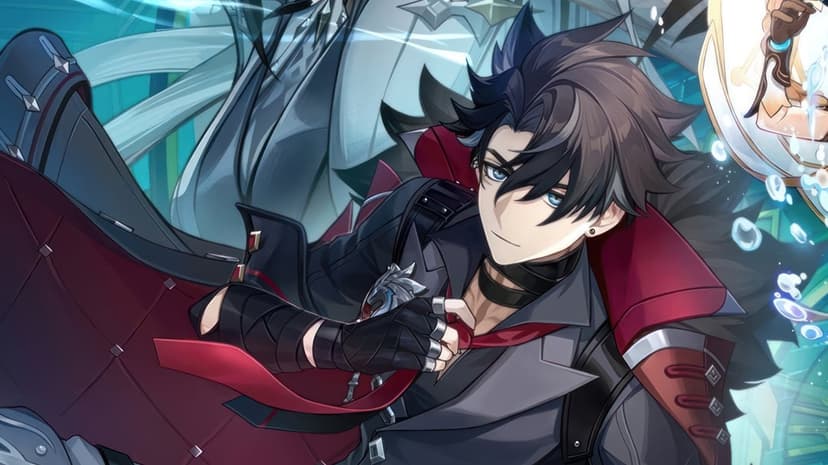Wriothesley Genshin Impact digital illustration features a male character wearing a dark fur coat and red tie.