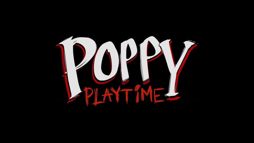 Poppy Playtime horror game logo with bold white and red stylized text centered on a dark solid black background.