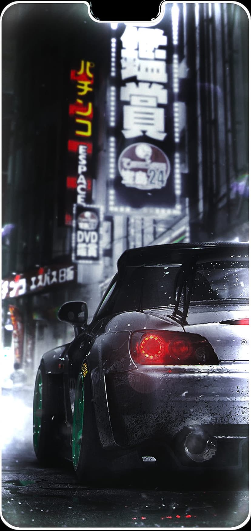 Modified sports car with red taillights parked on a rainy neon street in Tokyo under glowing Japanese signs.