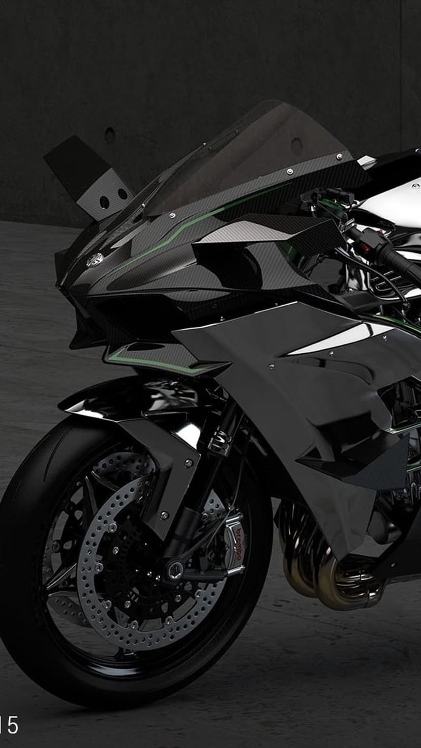 Kawasaki Ninja H2R motorcycle showcases aerodynamic winglets and carbon fiber textures in a vertical close-up.