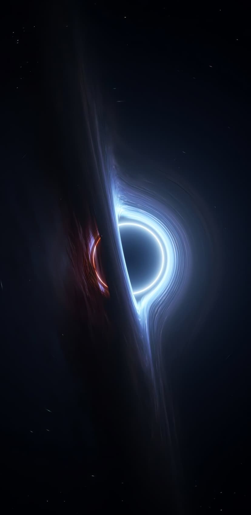 Cinematic black hole with a glowing blue event horizon and warped light trails against deep black space.