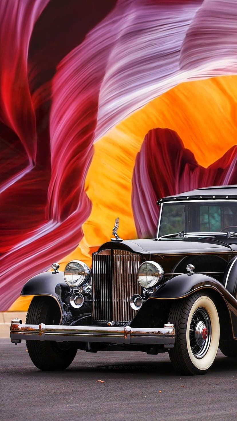 Black Packard vintage car with a chrome grille parked inside a red rock canyon with swirling geological layers.