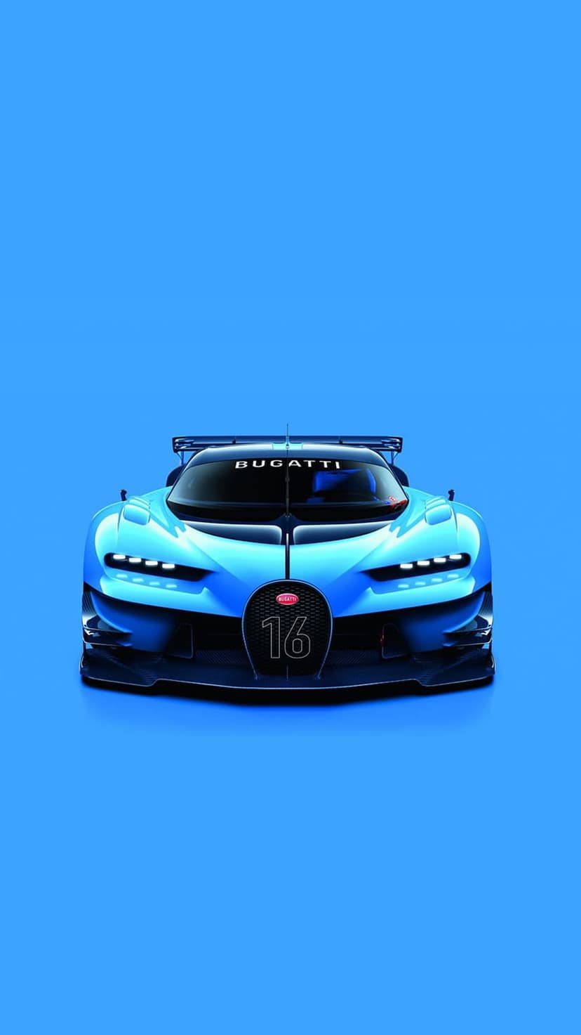 Bugatti Bolide hypercar in blue featuring a prominent number sixteen on the grille and sharp LED headlights.