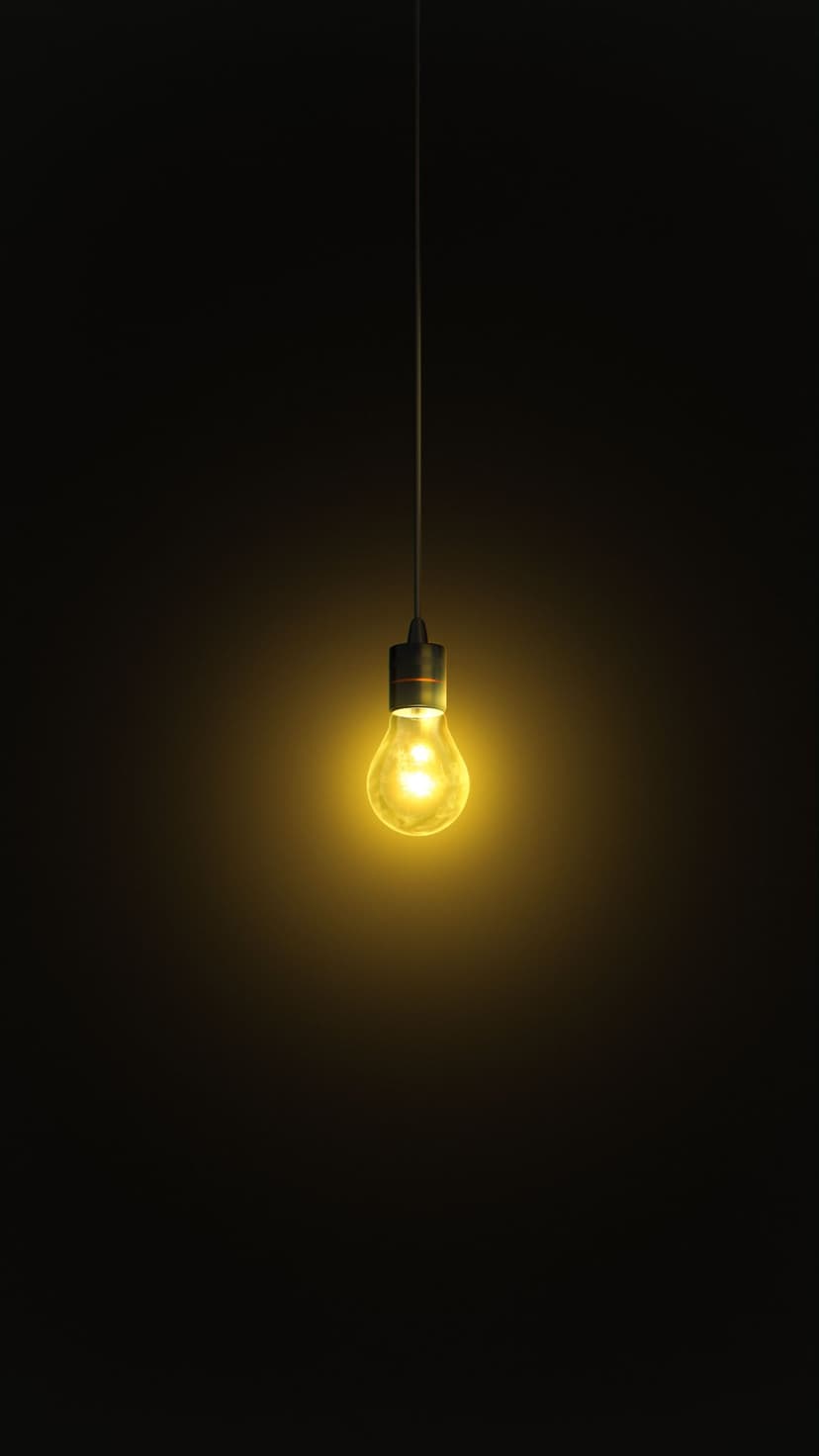 Vintage light bulb with a bright golden filament hangs centrally against a dark, pitch-black background.