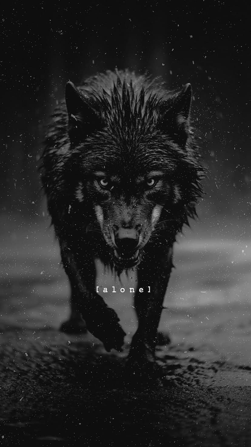 Black wolf with wet fur and open mouth walks forward in a high-contrast monochrome vertical portrait.